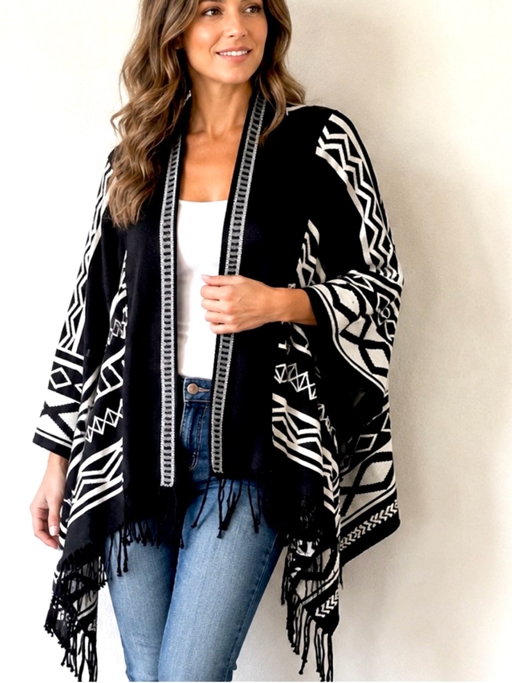 Black & White Geometric Fringed Open Cardigan Sweater